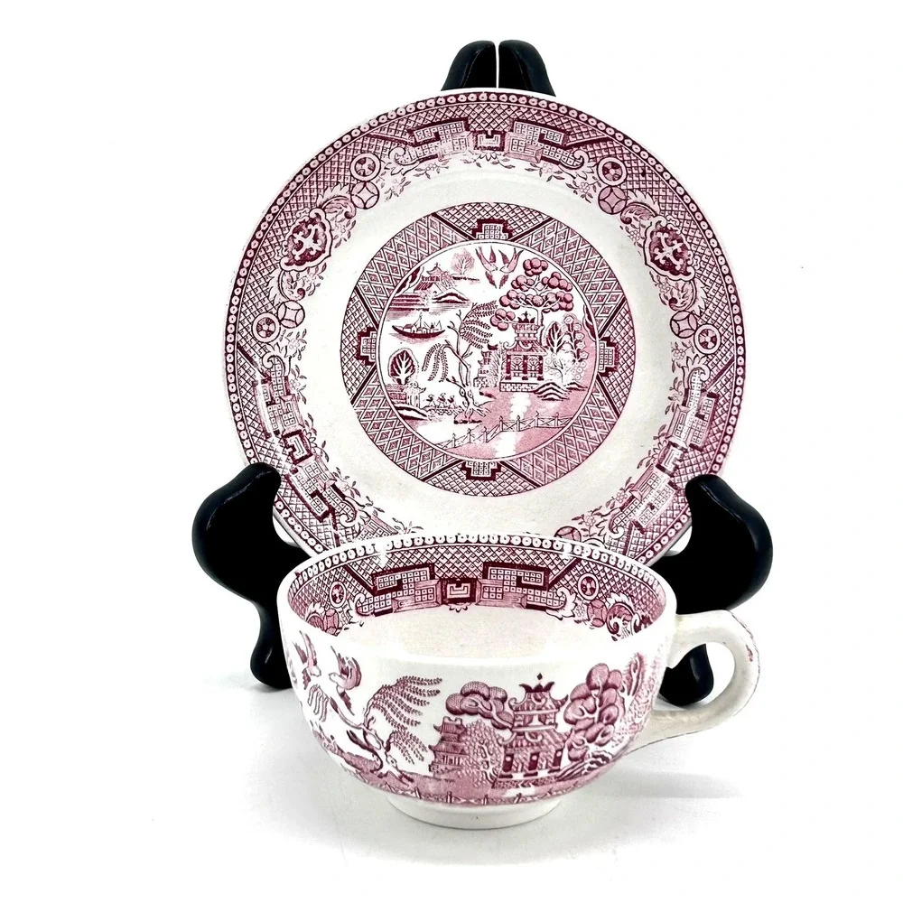 Societe Ceramique Maastricht Pink Red Willow Tea Cup & Saucer Set Holland VTG